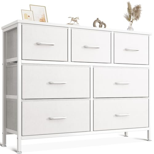 Coleshome Chest of Drawers Bedroom with 7 Drawers, Fabric Drawers, White | Clothes Organiser Dresser, Wide Cabinet with Metal Frame, Wooden Top, for Apartment & Hallway, 100x30x77cm