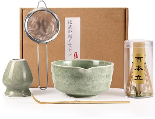Matcha Set mit Ausguss - 5 tlg. inkl. Matcha Schale Matcha Besen & Halter | Matcha Tee Set Japanisch - matcha zubehör - Traditionelles Macha Tea Set mit Sieb für Teezeremonie - Grün