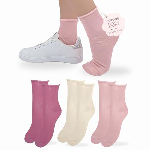 LEON D'ORO Calzini SENZA ELASTICO Donna COTONE LEGGERO Calze Donna FILO DI SCOZIA Made in Italy