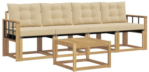 vidaXL Outdoor-Sofagarnitur mit Kissen 5 pcs Weiß und Beige, Garten Sofaset, modernes Wohnmöbel, entspannende Couch für Terrasse und Außenbereich