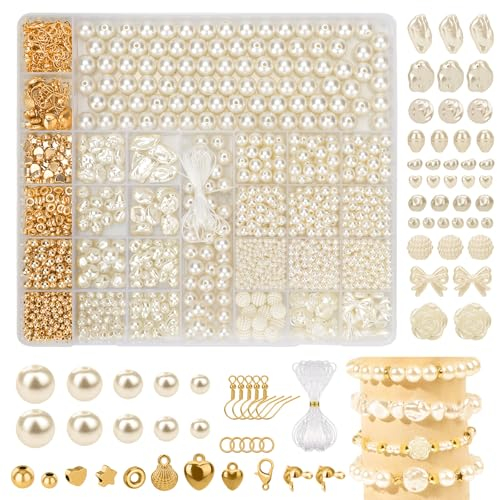 HWMYTOP Weiße Perlen zum Auffädeln Süßwasserperlen zum Schmuck Set Making Bracelet Kit, Geformte Kunstperlen für DIY SchmuckherstellungArmbänder Selber Machen Perlenkette Charm Kit