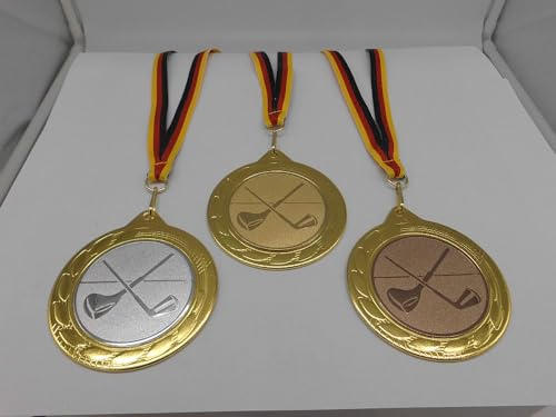 Fanshop Lünen Golf 3 Stück Medaillen Große Metall 70mm - Gold - Minigolf - Golfsport - mit Emblem 50mm - Gold - Silber - Bronce - mit Band&Emblem - (9302)