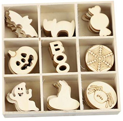 Healifty Halloween Holz Scheiben Mit Box - Spinne Kürbis Form Natürliche Ausschnitte Anhänger Tisch Streu Deko für DIY Handwerk Basteln Bemalen 72 Stücke (Mischmuster)