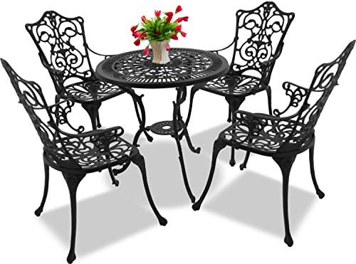 Homeology TABREEZ Opulent Garden & Patio Table & 4 Large Chairs with Armrests Cast Aluminium Bistro Set - Black