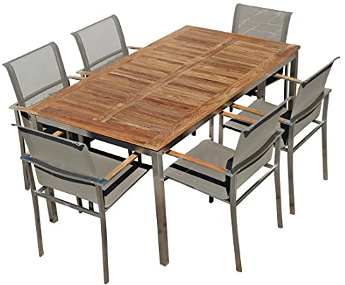 ALEOS. Gartengarnitur Edelstahl Batyline A-Grade Teak Holz Set: Tisch 160x90 cm + 6 Sessel mit Batyline Bespannung Serie Kuba-BRAUN Gastroqualität