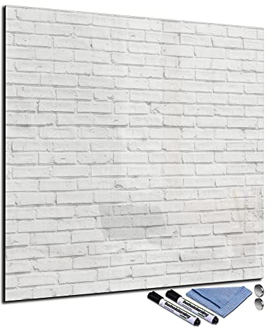 Glas-Magnettafel 80x80 cm Whiteboard Wand Beschreibbar Quadratisch Magnetisch Küche Office Büro mit Zubehör Wochenplaner Abwischbar Deko Memoboard Tafel Ziegelstein-Optik Weiß