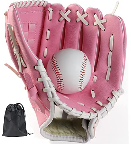 LeapBeast Baseball Handschuhe, Softball Handschuhe mit 1 Ball, Baseball Training Wettbewerb Handschuh Verdicken Dauerhaft Softballhandschuhe für Kinder Erwachsene (Rosa, 10,5 Zoll)