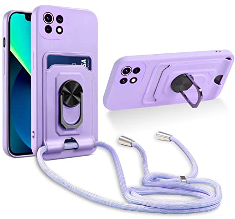 Aithne Handykette Hülle kompatibel mit Xiaomi Mi 11 Lite 4G / 5G / 5G NE, 360 Grad Ringhalter Stand [Kartenfach] mit Kordel zum Umhängen Silikon Schutzhülle - Lila