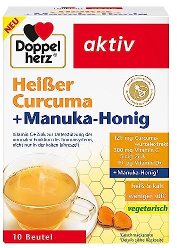Doppelherz Heißer Curcuma und Manuka-Honig - Vitamin C und Zink zur Unterstützung der normalen Funktion des Immunsystems - heiß und kalt - 10 Beutel