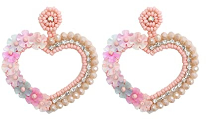 hahuha Packs of Earrings Beads Earrings Hand Woven Sequin Crystal Heart Hollow Out Valentine's Day Heart Shaped Earrings Rectangular Earrings for Women (Pink, One Size)