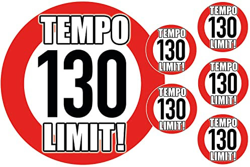 130 km/h TEMPOLIMIT!I 5 x Aufkleber + 5 x Button Pack