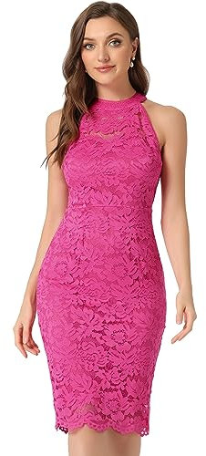Allegra K Robe en Dentelle élégante pour Femme Robe Fourreau de Cocktail Moulante sans Manches Costume d'halloween Rose Foncé XL