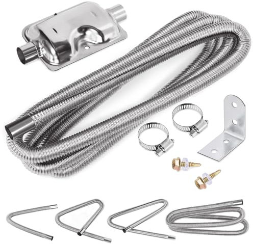 Swpeet 8Pcs 1 x 118 - 25mm x 300cm Stainless Steel Diesel Heater Exhaust Pipe and Exhaust Silencer Muffler with 18mm-29mm Hose Clamps Kit, Fuel Tank Diesel Gas Vent Hose Exhaust Tubing for Car