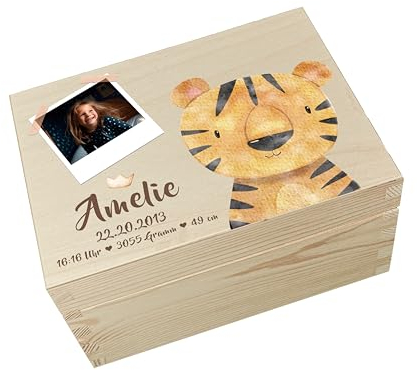 Personalisierte Erinnerungsbox Baby mit Hochwertigem Farbdruck - Individuelle Baby Erinnerungsbox - Erinnerungskiste aus Holz - Geschenk zur Geburt (Tiger)