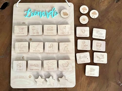 Tagesplan für Kinder aus Holz – inklusive 24 Routinekarten und 3 Belohnungssternen – personalisierbar mit Namen – Tagesablauf visuell planen – nachhaltiges Lernspiel für Zuhause