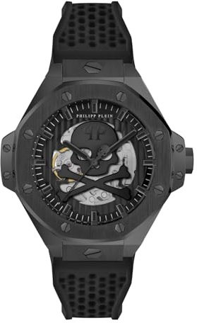 Philipp Plein Plein $KELETON Royal Herren-Armbanduhr, analog, automatisch, aus Silikon, Schwarz/Schwarz – Pwpfa0924, Lanyard