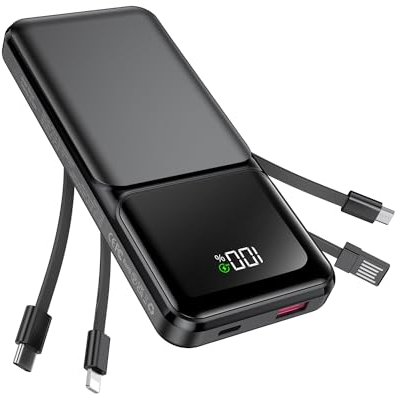 Power Bank 15000mAh mit 4 Kabeln, Powerbank USB-C 22,5W Schnelllade-Externe Handyakku, PD20W Tragbares Ladegerät mit LED-Anzeige für iPhone Samsung Huawei Outdoor