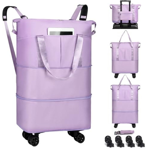 VOOWO Seesack mit Rollen, faltbar, erweiterbar, mit Rollen für Reisen, Rollgepäck, Handgepäck mit Rollen, großer Rollrucksack, Wochenendtaschen für Männer und Frauen, Helles Violett, 16 x 9 x 28