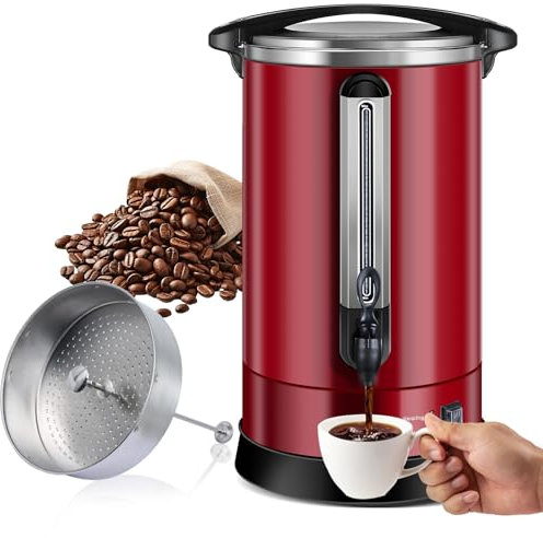 PetierWeit Gastro Kaffeemaschine mit Rundfilter 120 Tassen/18L, Doppelwandig Groß Edelstahl Industrie Kaffeemaschine mit Zapfhahn für Party, Heißwasserspender für Kaffee, Tee, 1500 W (Rot)