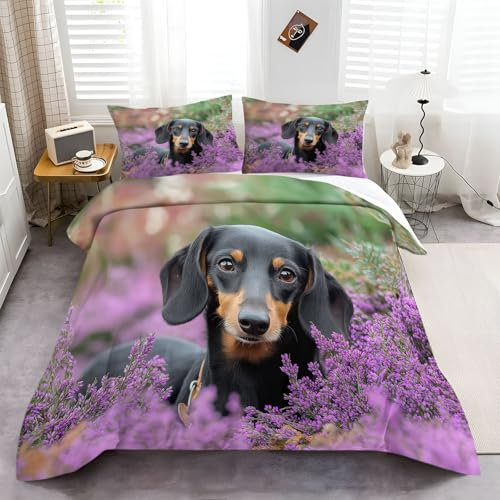 CozyRest Luxus Lila Heidekraut Bettwäsche Set, 100% Mikrofaser Britischer Landdackel 135x200 cm Bettbezug, 3-teilig, Antiallergisch, Schlafkomfort für Einzelbett, Weich, Hautfreundlich