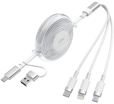3-in-1 Retractable Multi Charging Cable, 100W Fast Charging USB-C/A to Lightning/USB-C/Micro USB Phone Charger Cord for iPhone 16/15, Samsung, MacBook, iPad (White)