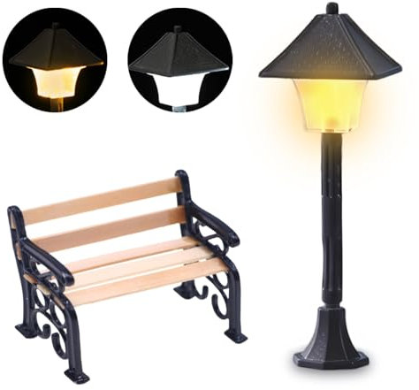 IWTBNOA Miniature Lantern Bench, Bank Mini Laterne Puppenhaus Straßenlaterne, Miniatur Wichtel Zubehör, Mini Garten Wird es leuchten Lights Model Making Fairy Möbel, Weihnachts Garten Miniatur Deko