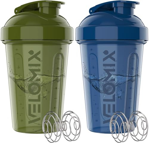 VELOMIX Paquete de 2 botellas mezcladoras de proteínas de 20 onzas para mezclas de proteínas, 2 batidores de alambre, vasos mezcladores a prueba de fugas para batidos de proteínas y preentrenamiento,