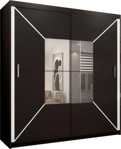 FURNITUREWAVE Nicci Mirror Sliding Door Wardrobe For Modern Bedroom Space Saving Capboard With Decent Storage Shelves and Hanging Rails (Black, 150cm)