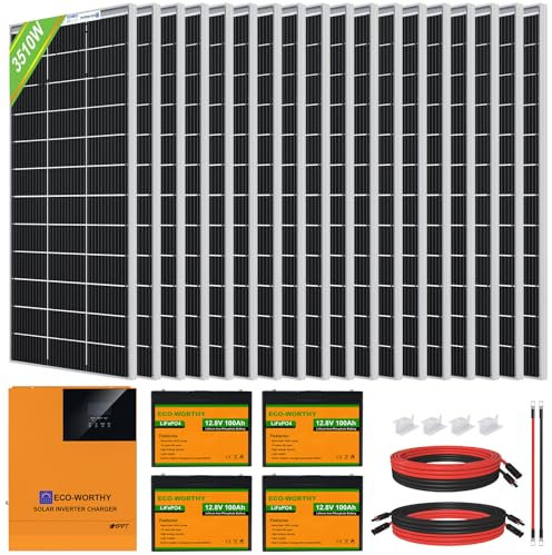 ECO-WORTHY Off Grid Solar Panel System 3600W 48V 14.4kWh/Day Solar Panel Kit for Home Farm:18pcs 195W Bifacial Solar Panel + 1pc 5000W Hybrid Inverter + 4pcs 12V 100AH Lithium Battery