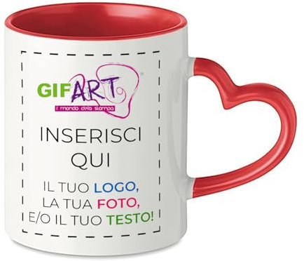 GIFART Tazza Personalizzata in Ceramica Colazione Manico Cuore Vari Colori - 330 ml Personalizzabile con Foto e Scritta - Regalo Festa della Mamma, Papà, Fidanzata (Manico e interno rosso)