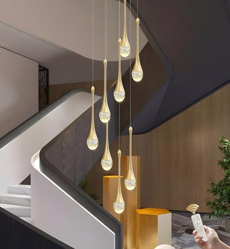 Treppe Pendelleuchten, LED Dimmbarer Kronleuchter, Treppenhaus Pendellampe, Gold Regentropfen Kristall Lampe, Höhenverstellbarer Wohnzimmer Pendelleuchte, Kronleuchter Für Foyer, Eingang, Villa(8 head