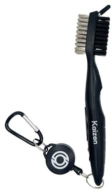 Kaizen Golf Club Cleaning Brush - Extendable, Dual-Sided Nylon & Steel Bristles with Spike & Carabiner Clip (Black)