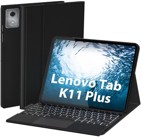 Bluetooth Tastatur Hülle mit Trackpad für Lenovo Tab K11 Plus 11,5 Zoll, Kabellose Abnehmbare Tastatur mit Schutzhülle, 7 Farbige Hintergrundbeleuchtung, QWERTZ für Lenovo Tab TB352FU, Schwarz