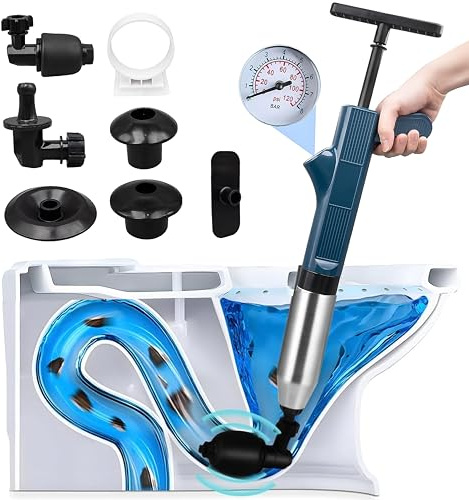 High Pressure Toilet Plunger Set, Toilet Unblocker Heavy Duty with Holder & 4 Replaceable Heads, Air Pressure Drain Plunger, Toilet Unblocker Tools for Unblocking Bathroom Bathtub Kitchen Pipe Clog