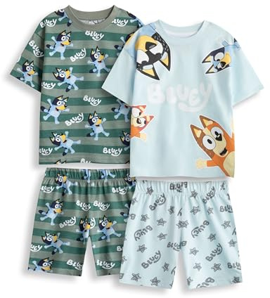 Bluey & Bingo Boys Pyjama Set in Green and Blue | Multi-Pack of 2 Short Sleeve Short Leg Sleepwear | Cartoon Character Pjs | Kids Fun Sleepwear Set