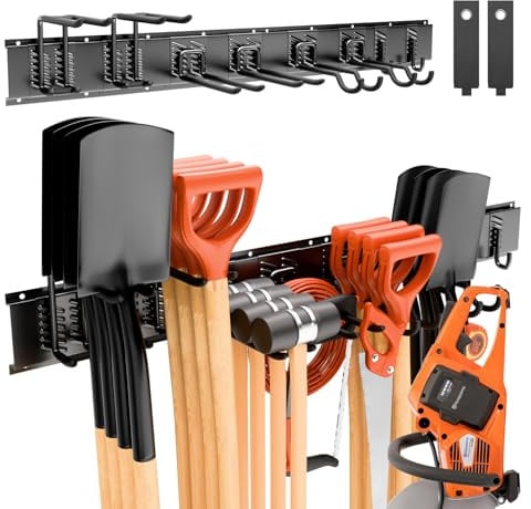 congumi Garage Tool Management Wandregal 120cm, Verstellbar Garagen Gerätehalter mit 3 Paneele & 8 Haken, Metall-Gartengerätehalter für Keller Bügeleisen Gartengeräten Mopps Besen Rechen(Schwarz)