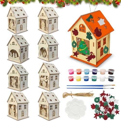 Gillterway 8 Stück Weihnachtshaus Basteln Kinder, Holz Bastelset Weihnachten mit Farben & Pinseln, DIY Holzhaus zum Bemalen, Kreatives Bastelset Weihnachtsdeko & Geschenkidee für Jungen & Mädchen
