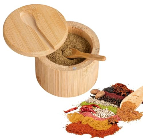 Huucozn Spice Jars Set, Spice Organiser with Spoons, Magnetic Lid, 200 ml, Salzdos Bamboo Spice Jar, Salt Jar, Spice Container, Round Spice Jar, Wooden Spice Jars, Spice Storage, Spice Jar Set