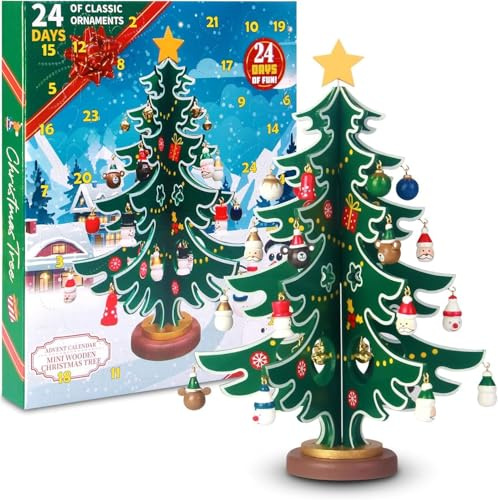 2026 Wooden Christmas Tree Advent Calendar, with 30pcs Snowman & Santa Claus Ornaments