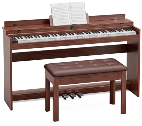 JOINATRE 88 Key Weighted Full Size Digital Piano Keyboard,Triple Pedal& Dust Cover Design,Hammer Action Electric Piano Includes Duet Piano Bench,Brown