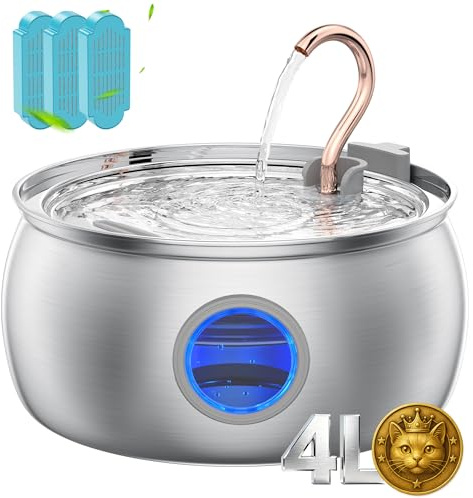 Tomxcute Stainless Steel Cat Water Fountain - 4.0L/135oz Copper Gooseneck - Ultra-Quiet Cat Fountains for Drinking - Dishwasher Safe - Indoor Pet Fountain for Cats, Terriers, Multiple Pets