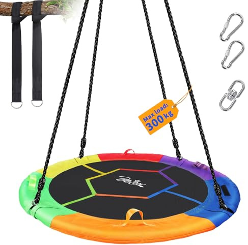 BELEEV Nestschaukel Outdoor Ø 120 cm, Höhenverstellbare Hängeschaukel 110-180 cm, bis 300 kg Belastbar, Tellerschaukel mit Kissen & 4 Griffen, Garten Rundschaukel Outdoor Indoor für Kinder Erwachsene