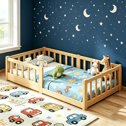 ZIKEBTUY Bodenbett 70x140 cm Montessori Kinderbett mit Rausfallschutz & Lattenrost Kiefer Massivholz bis 100 kg belastbar für Jungen Mädchen Kinder Bett
