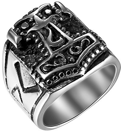 Flongo Groß Breit Edelstahl Band Ring Bandring Schwarz Silber Thors Hammer Siegelring Gotik Motorradfahrer Biker Herren, Ringgröße 54MM-76MM