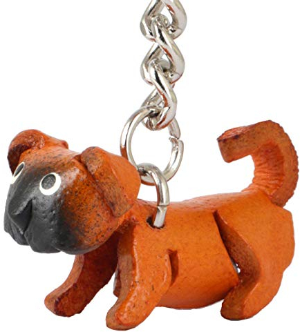 MONKIMAU Schlüsselanhänger Tiere 3D Mops aus Echtleder - handgefertigt Leder Tieranhänger - Geschenk für Damen, Frauen, Kinder und Tierliebhaber