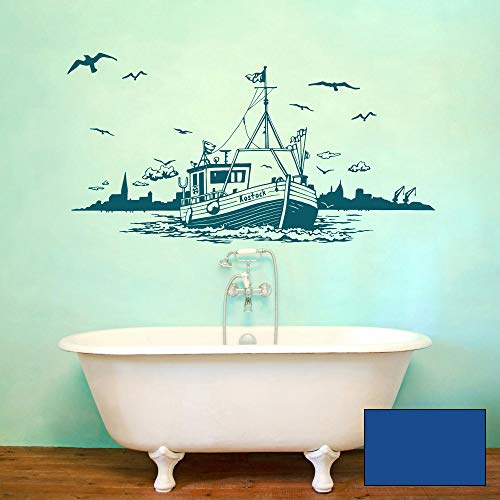 Wandtattoo Kutter Boot Schiff mit Skyline Stadt Rostock maritim Möwen Wasser Meer Wanddeko M2164 - ausgewählte Farbe: *blau* ausgewählte Größe: *XL - 60cm hoch x 120cm breit*