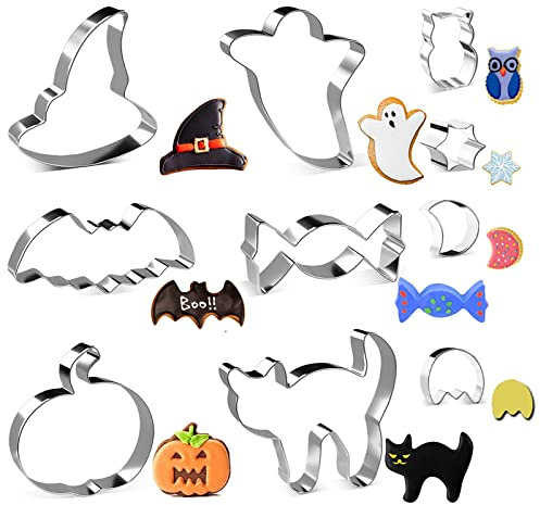 Joyoldelf Halloween Ausstechfomen Set - 10 Stück Edelstahl Keksausstecher von Kürbis, Hexenhut, Geist, Süßigkeiten, Fledermaus, Katze Plätzchen Ausstecher für Kinder
