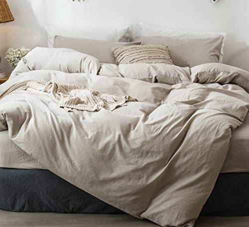 MooMee Bedding Duvet Cover Set 100% Washed Cotton Linen Like Textured Breathable Durable Soft Comfy (Heathered Tannish Linen Grey, King 104x90)