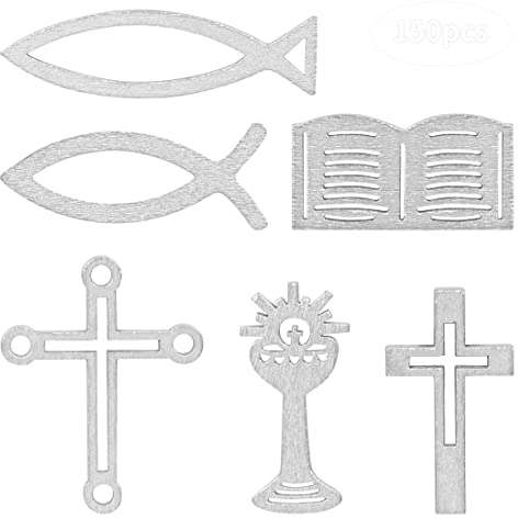 O-Kinee Taufdeko Junge Mädchen, Holz Kreuz Fische Deko Tischdeko Streudeko Streu Deko Tisch Silber für Taufe, Kommunion, Konfirmation- 150 Stück