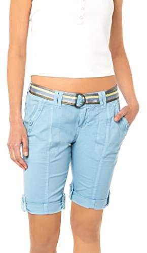 FRESH MADE Damen Bermuda Shorts mit glänzendem Gürtel Light-Blue M